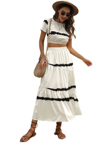 

tie dye crop tee & ruffle hem skirt g6wd#, White