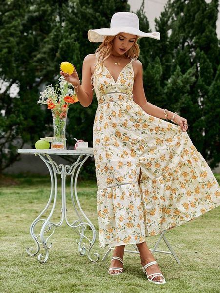 

simplee floral print split hem dress w2su#, Black;gray