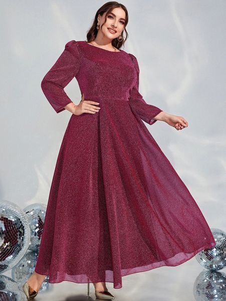 

plus puff sleeve fold pleated hem glitter dress s5fy#, Black