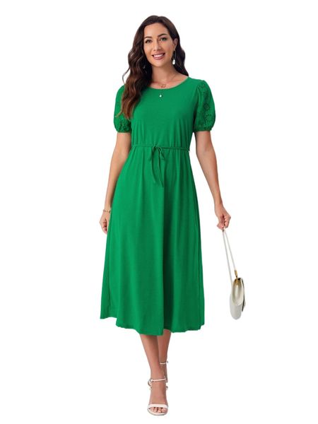 

emery rose eyelet embroidery puff sleeve solid belted dress b37g#, Black;gray