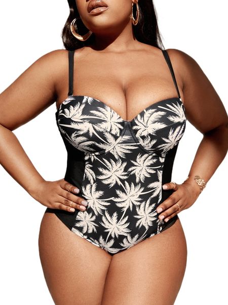

plus palm tree print one piece swimsuit e0pb#, White;black