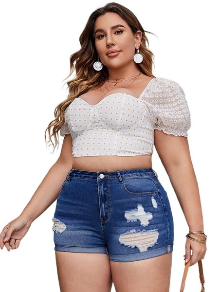 

plus high waist ripped frayed roll hem denim shorts h2kk#, White;black