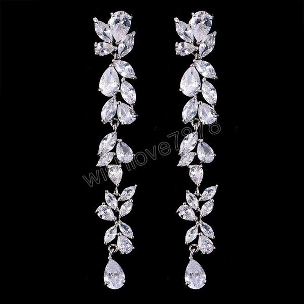 

vintage trend bridal chandelier floral extra long earrings for women romantic wedding zirconia jewelry bridesmaid accessory, Silver