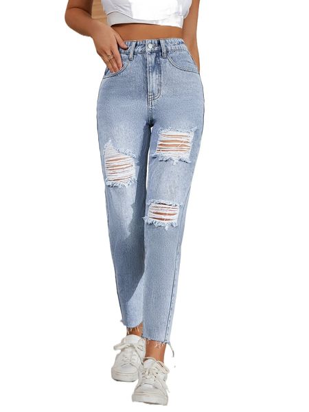 

high waist ripped raw hem tailored jeans o3va#, Blue