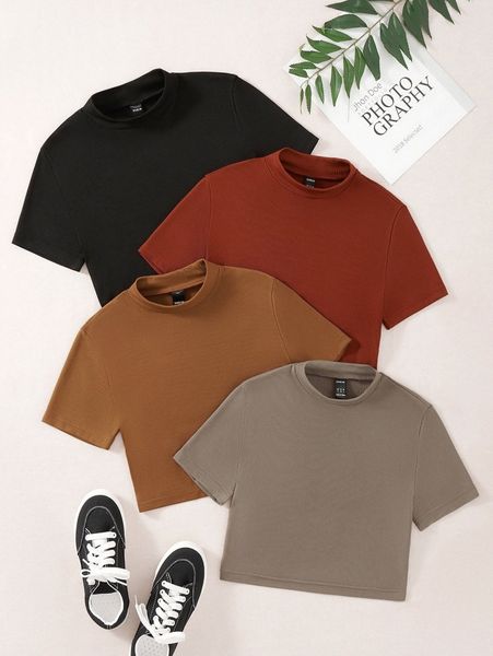 

4pcs mock neck rib-knit tee k3a8#, White