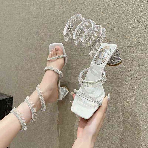 

fashion luxury snake wrap women sandals summer 2022 rhinestone pendant chunky heel high heel sandals women's shoes y220409, Black