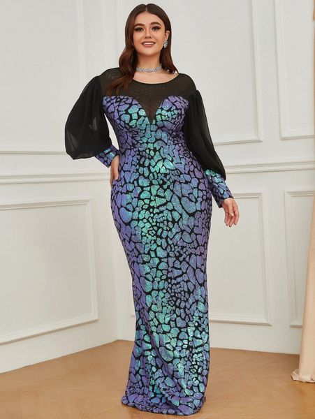 

plus drop shoulder graphic pattern floor length sequins dress x86v#, Black