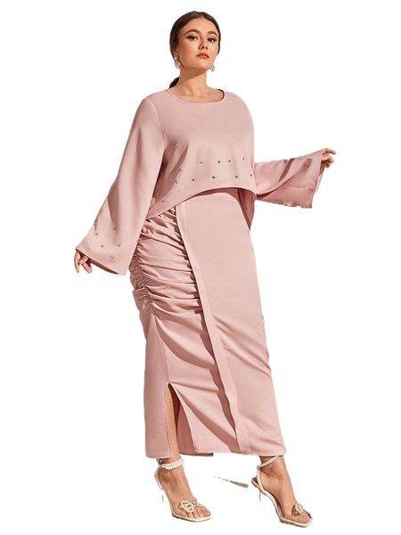 

plus trumpet sleeve rhinestone & ruched split hem skirt r4jq#, Black