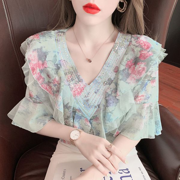 

sweet ruffled chiffon shirt womens korean summer dress design sense of western style and thin floral shirt 220520, White