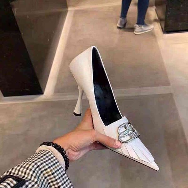 

dress shoes pointed single shoes women's spring versatile metal buckle black and white high heels thin heel shallow mouth banquet 4g2o