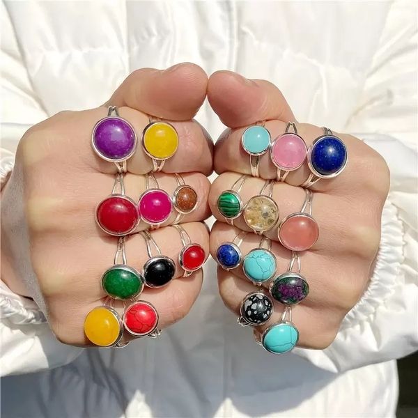 

fashion stone rings for women men colorful agate jades quartz sliver color resizable finger ring 8 10 12mm cabochon rings wedding jewelry, Golden;silver