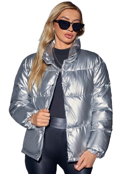 

solid button up stand collar puffer coat f1s8#, Black