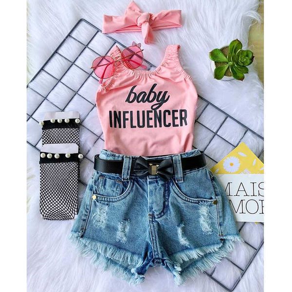 

0-5y fashion baby girls 3pcs clothes sets letter printed sleeveless vest high waist denim shorts headband, White