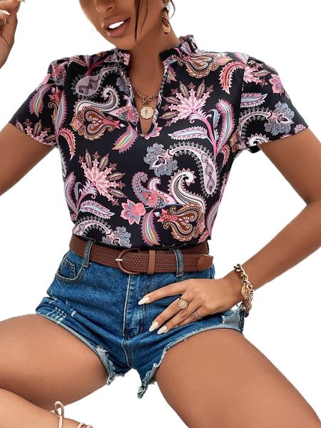 

paisley print notched neck blouse n8to#, White