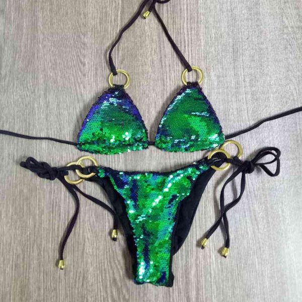 Bikini solido Costume da bagno sexy Halter Costumi da bagno Costume da bagno Donna Bling Bikini con paillettes Abbigliamento da spiaggia Dropshipping Monokini Glitter Y220420