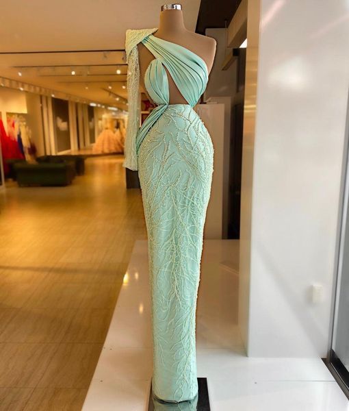 

mint green one shoulder prom dresses pleats beaded long sleeves evening dress custom made plus size celebrity party gown, Black;red