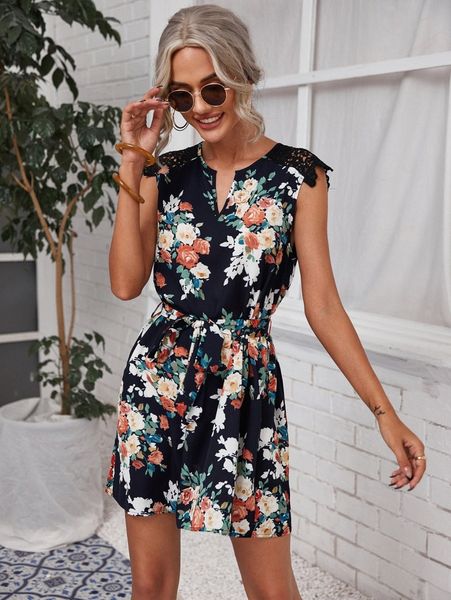 

notch neck guipure lace belted floral dress n3kd#, Black;gray