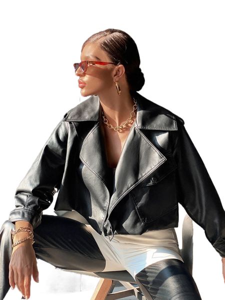 

flap pocket buckled pu leather jacket c4jl#, Black;brown