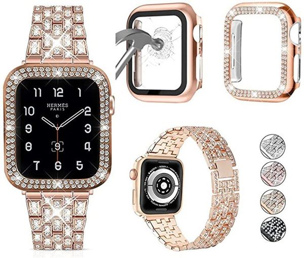 Diamanten Hüllen Luxus Edelstahl Metall Riemen Kettenarmband Diamant Armband Armband für Apple Watch 8 7 6 5 4 3 2 Se7 41MM 45MM 42MM 44MM 40MM 38MM Uhrenabdeckung