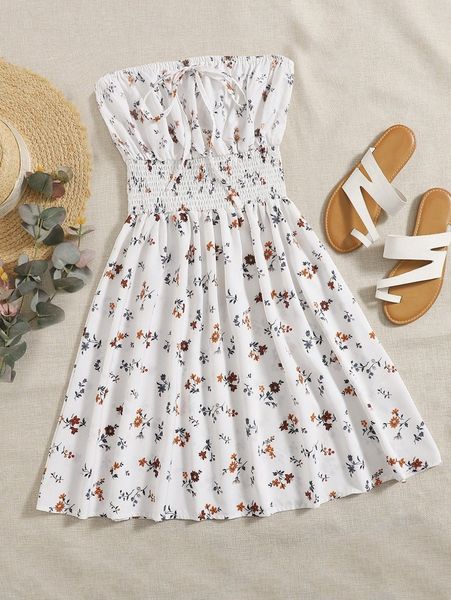 

floral print shirred waist bandeau dress v9bj#, Black;gray