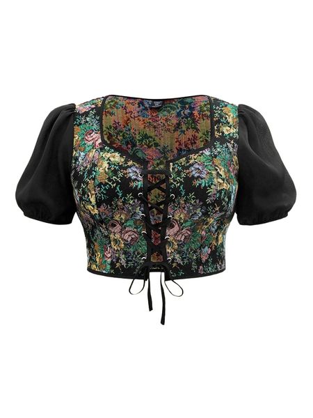 

plus floral print lace up puff sleeve blouse x5zs#, Black