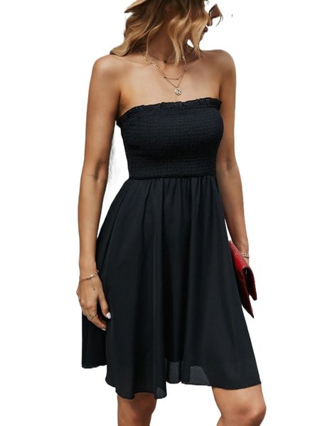 

shirred frill trim tube dress m78z#, Black;gray