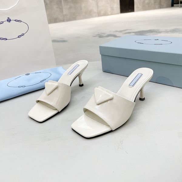 

black white brushed leather heeled slides woman dress slipper spring summer mules sandals designers mid heels slide lady classic wedding foo