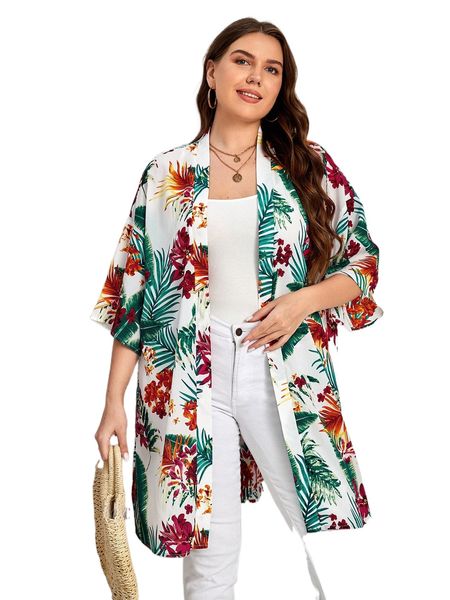 

plus tropical print drop shoulder kimono 02wo#, Black;gray