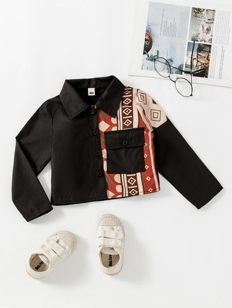 

toddler girls geo print flap pocket blouse she, White;black