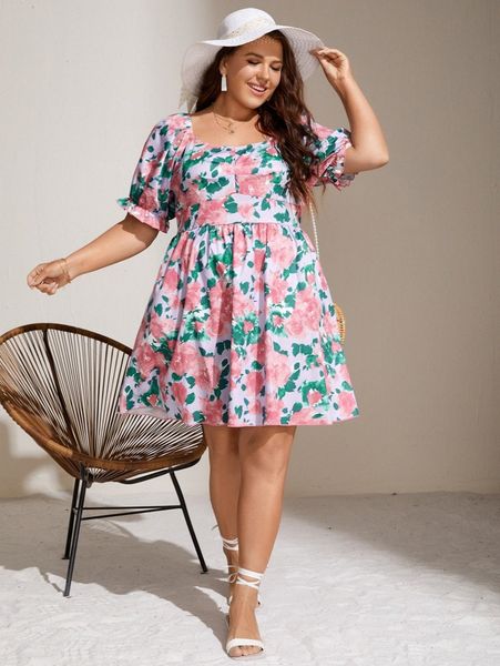 

plus floral print puff sleeve dress 735r#, Black