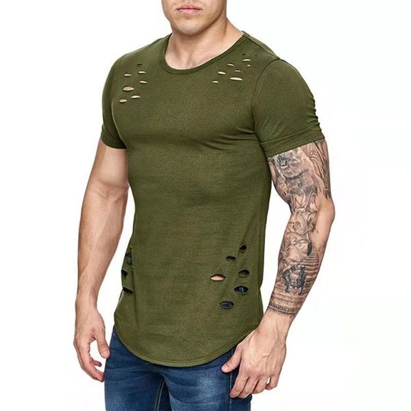 T-shirt da uomo T-shirt da uomo Casual Palestra Sport Muscle Bodybuilding Fitness Allenamento con i pesi Solid Top Hole T-shirt in cotone strappato Uomo Streetwea