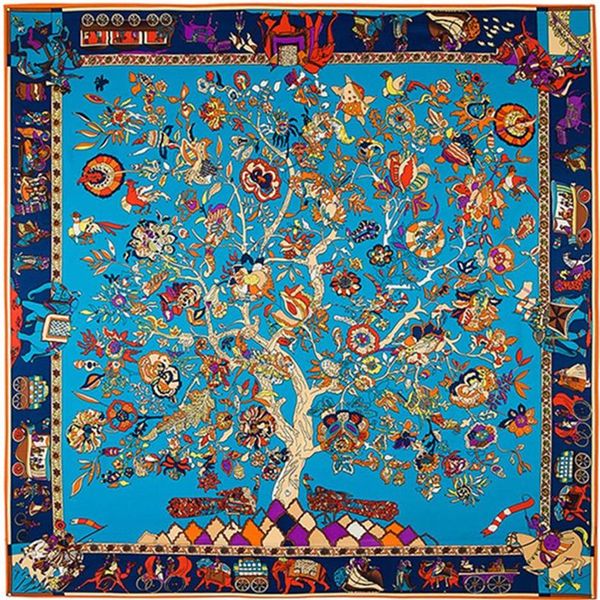 

square tree floral print scarf women shawls foulard femme blue large twill silk scarfs drop 130*130cm210t275w, Blue;gray