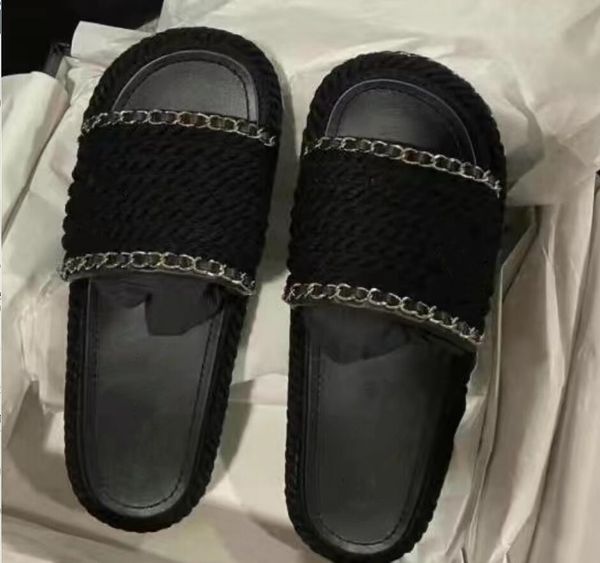 

women slippers luxury non-slip flat fashion brand new arrival ladies cool ins summer soft chain classic design rope hand-woven velvet beach, Black