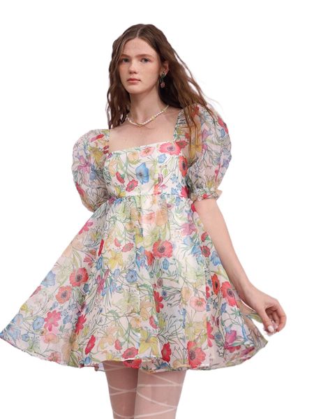 

mod floral print square neck puff sleeve organza dress u0q8#, Black;gray