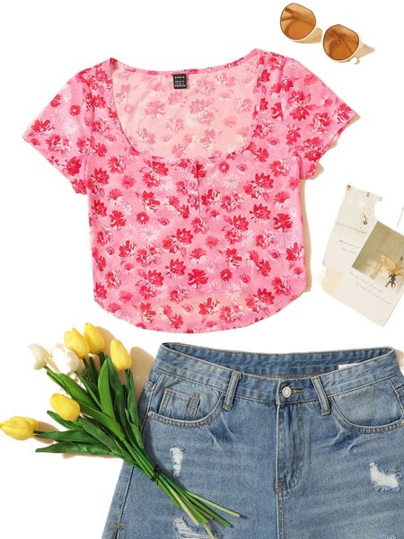 

floral print half button mesh k3jo#, White