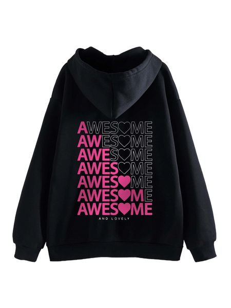 

letter & heart print kangaroo pocket drawstring thermal hoodie i9do#, Black