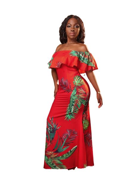 

sxy tropical print ruffle trim dress m3jv#, Black;gray