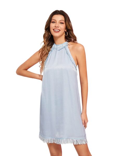 

x kes fringe trim tie back halter dress 509s#, Black;gray