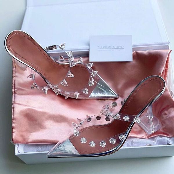 

big rhinestone sandals pvc transparent pumps women pointed toe crystal strange high heels shoes slip on mules sandal ladies s, Black