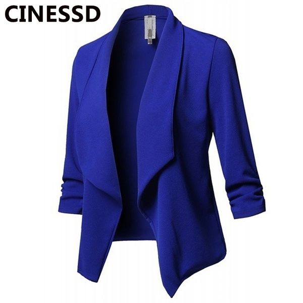 

cinessd women blazer coat notched long sleeves ruched solid cotton casual slim jacket suit office lady navy blue blazers coats y201026, White;black