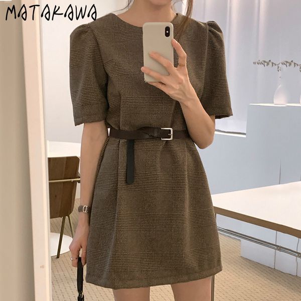 

retro short vestido korean chic wild round neck slim woman dress aline plaid femme robe with belt women 210506, Black;gray