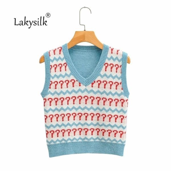 

striped sweater vest winter women knitted vneck print quality soft warm sleeveless short sweaters for autumn blue y201128, Black;white