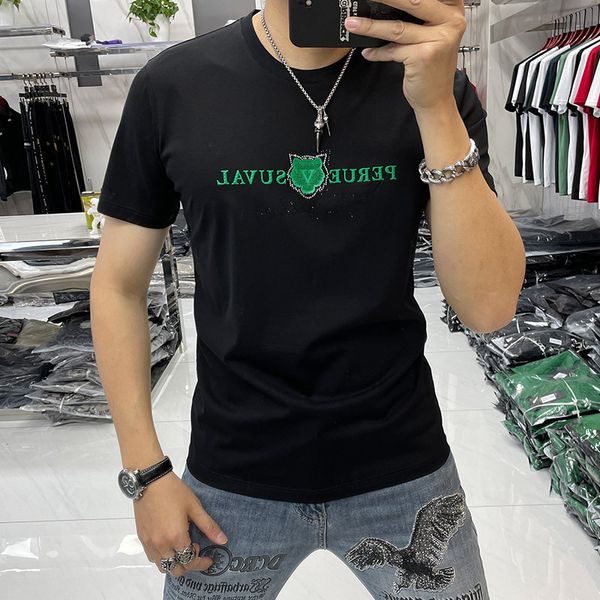 

slim fashion men's t-shirts 2022 summer new letter tiger head printing diamonds design short sleeve round neck mercerized cotton large, White;black