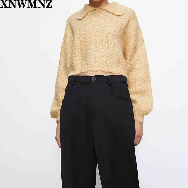 

xnwmnz za fashion women autumn wool blend sweater ladies retro collared sweater with long sleeves asymmetric hem jumper chic 210513, White;black
