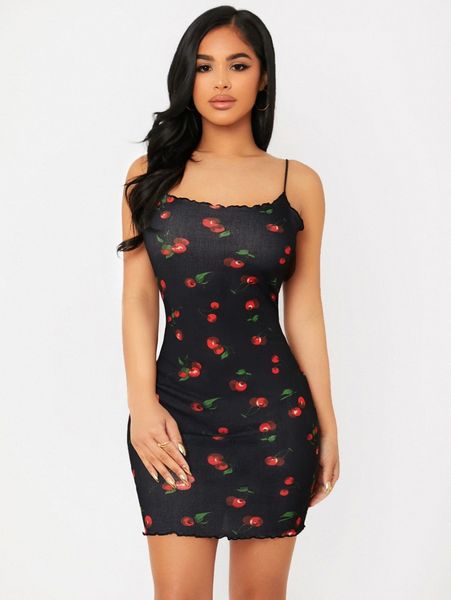 

petite cherry print lettuce trim bodycon dress o1a9#, Black;gray