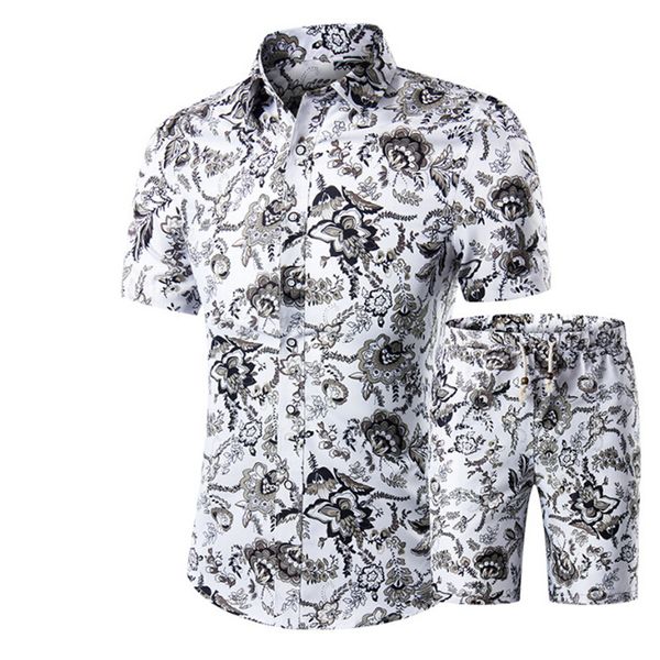 

set new summer casual printed hawaiian shirt homme short male printing dress suit sets plus size, White;black