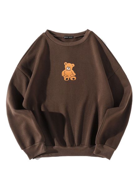 

bear print drop shoulder thermal pullover x9vj#, Black