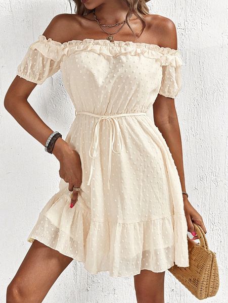 

swiss dot off shoulder ruffle hem belted dress x5v3#, Black;gray