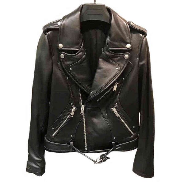 

new autumn genuine leather jackets women high fashion street lady leather jacket casual warm zipper outfit j220727, Black