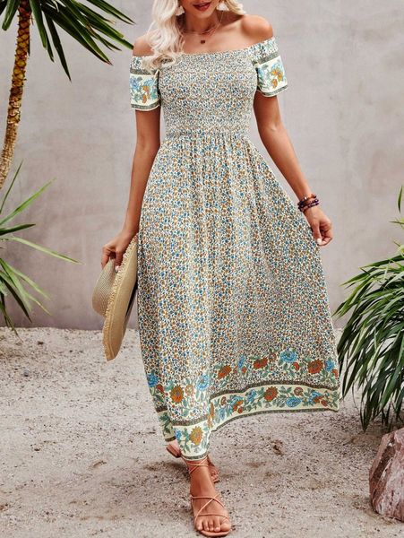 

floral print off shoulder shirred a-line dress a5ow#, Black;gray